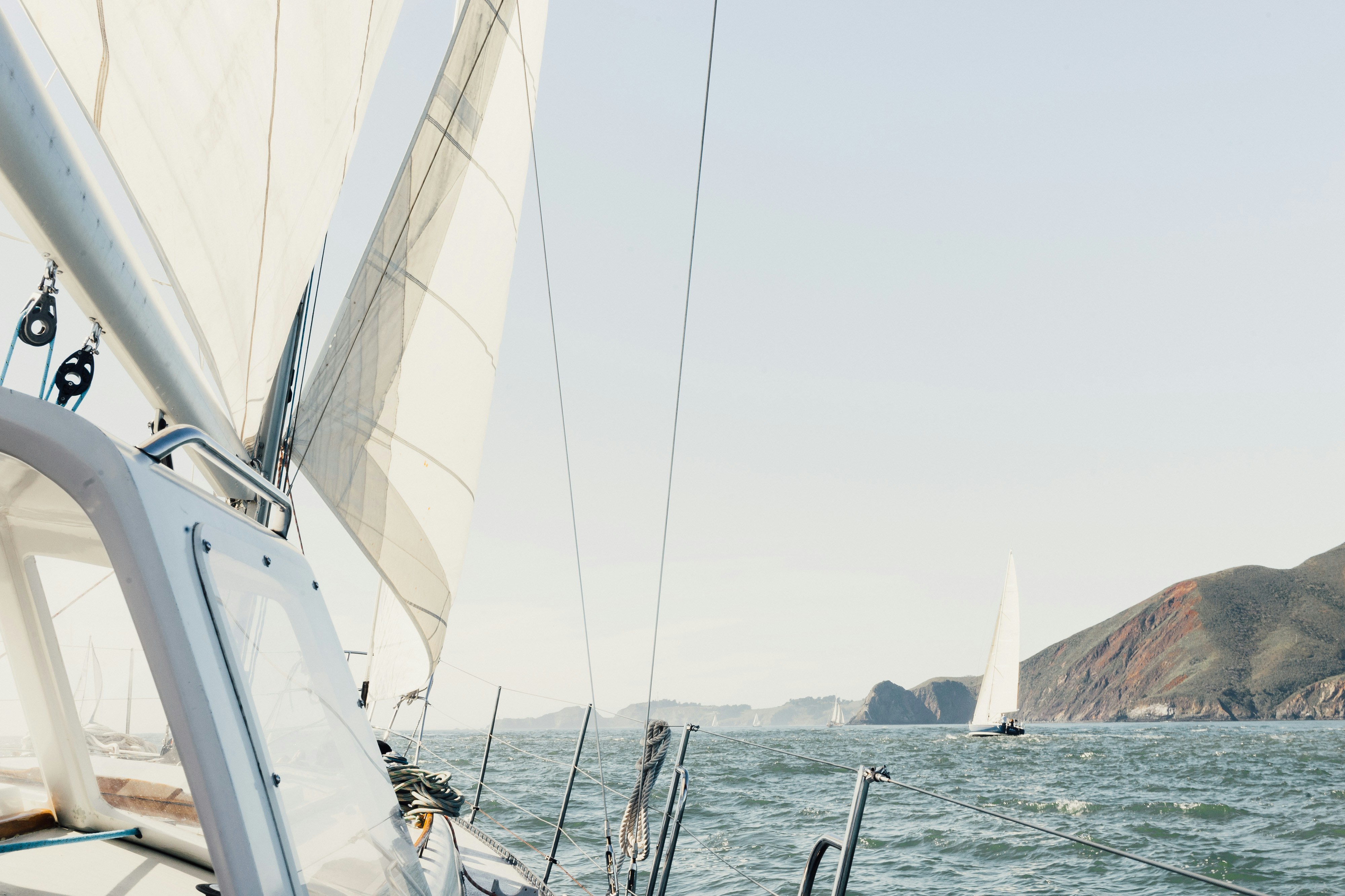 Sailboat rigging viewed against open water