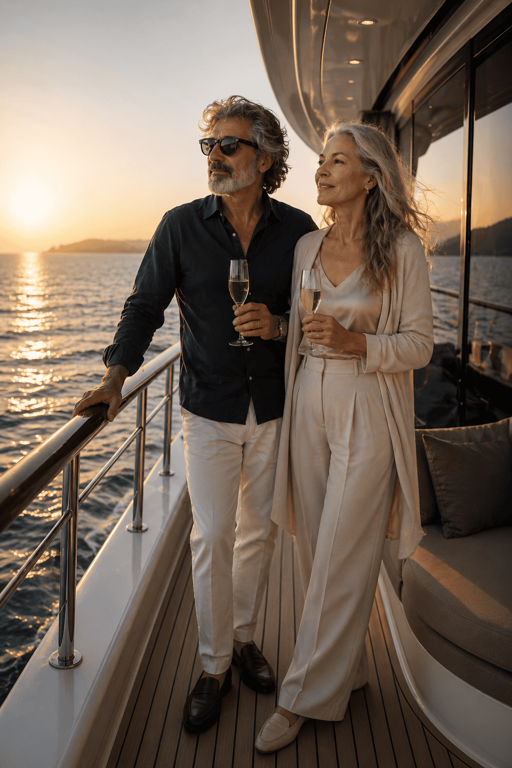 A luxury cruise ship sailing during golden hour, curated by Sirena Collective travel advisors