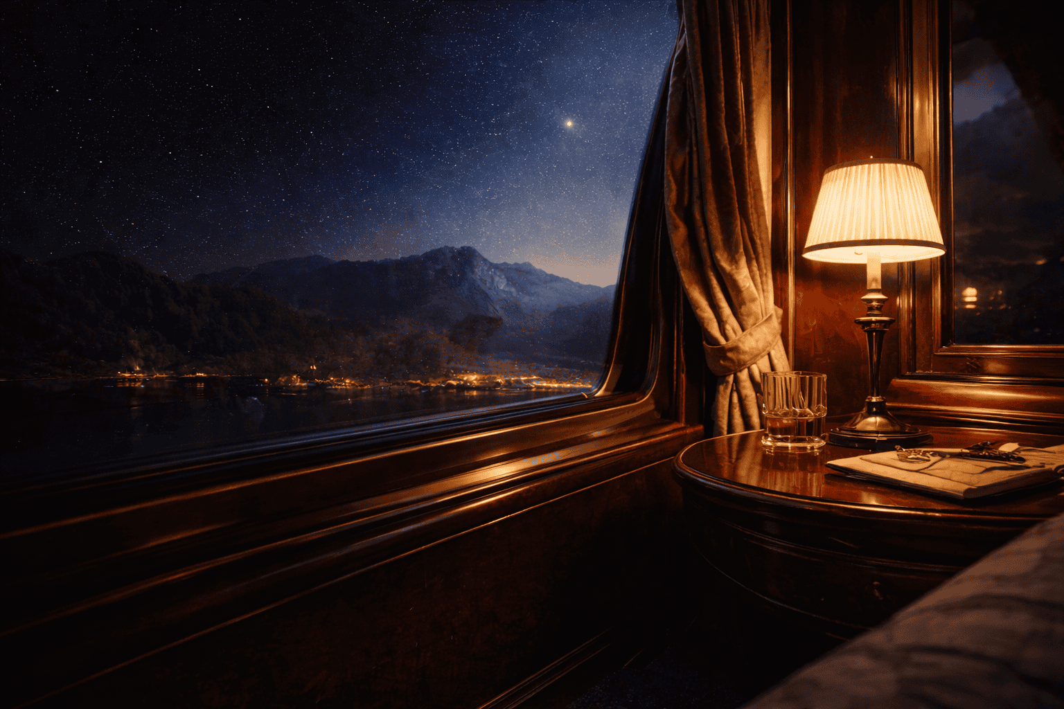 Luxury train compartment at night — Venice Simplon Orient Express rail journey