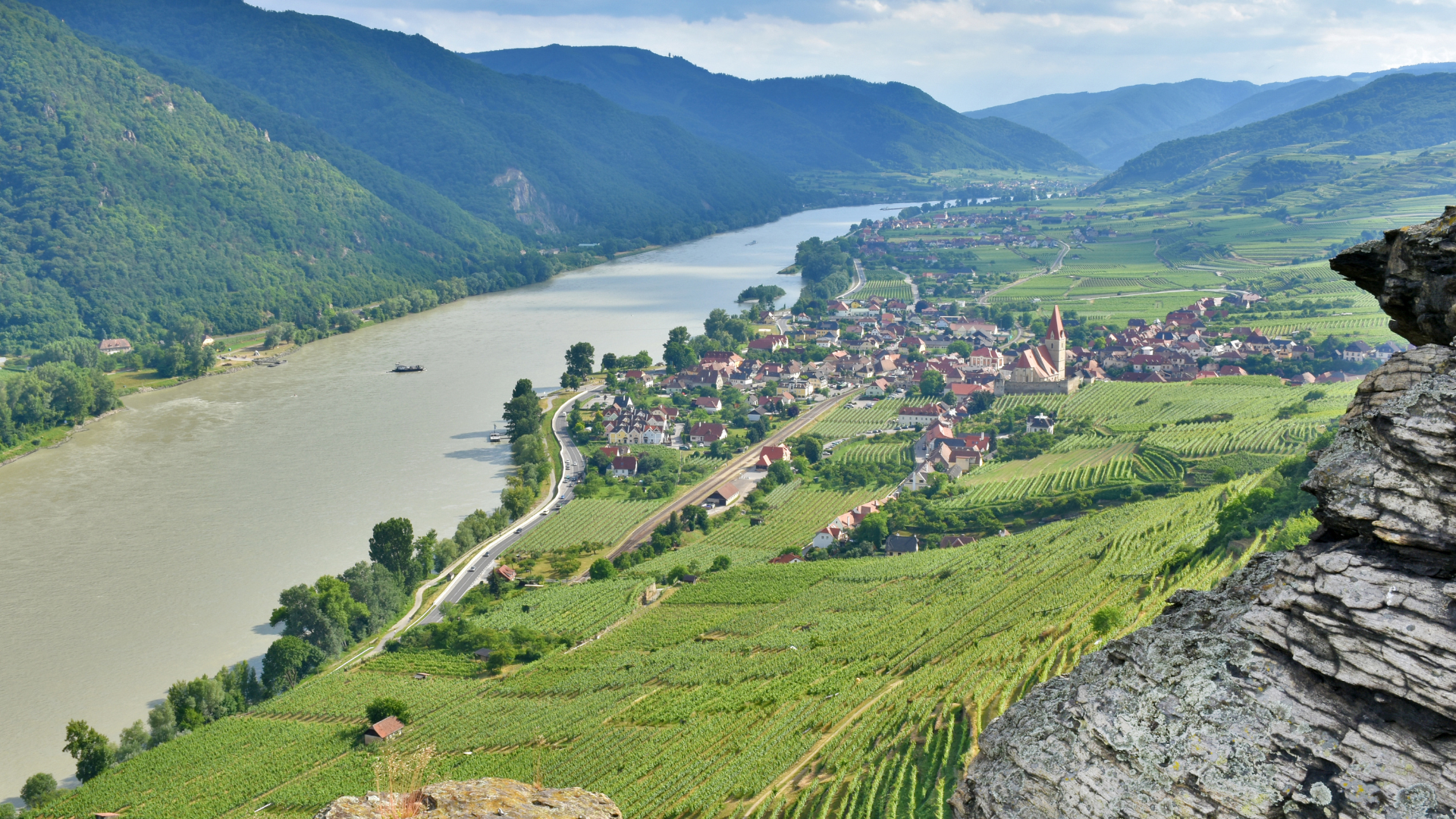 Danube river valley with vineyards and villages — AMA Waterways river cruise Austria