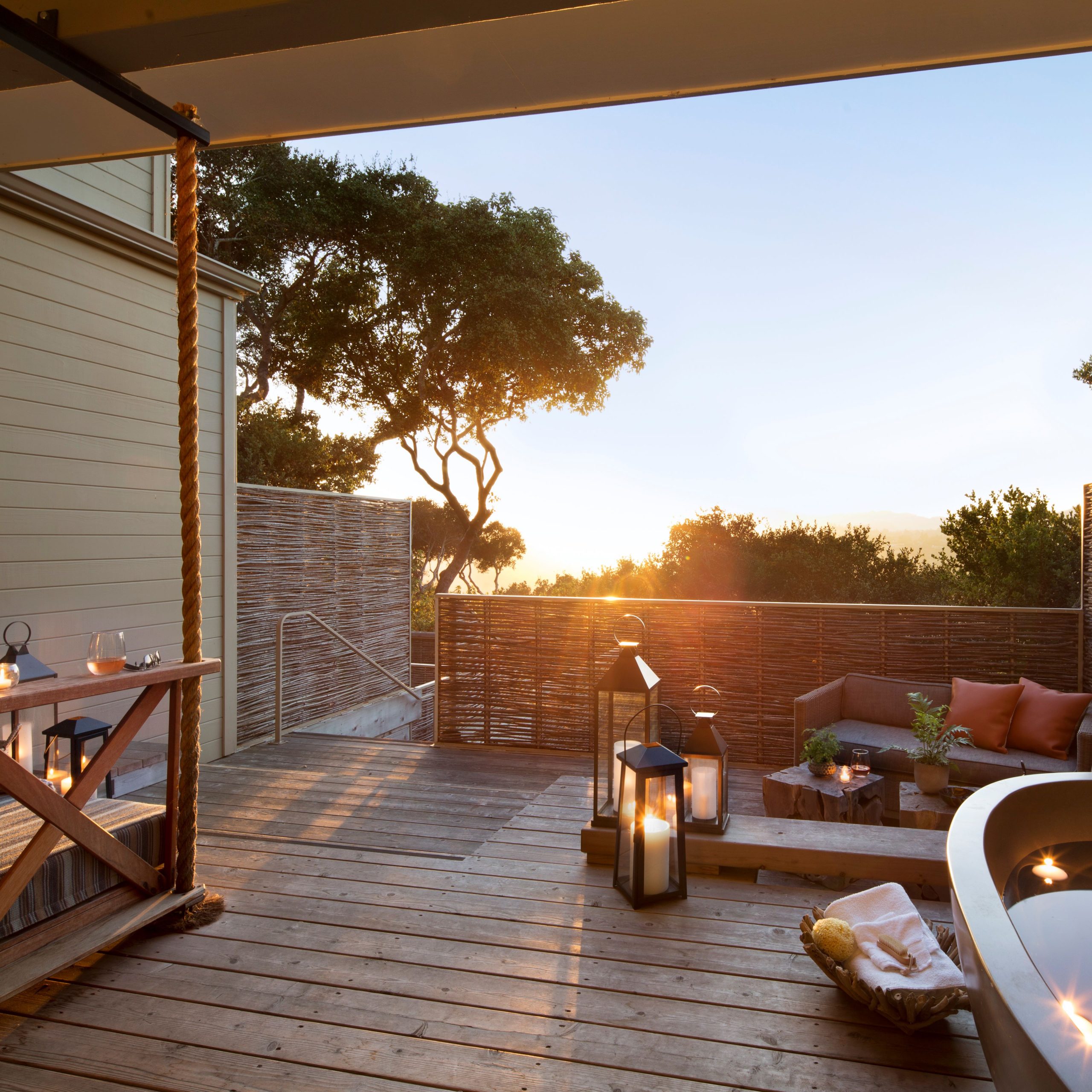 Carmel Valley Ranch — Vineyard Oak Studio private outdoor soaking tub at sunset, Destination by Hyatt luxury resort California