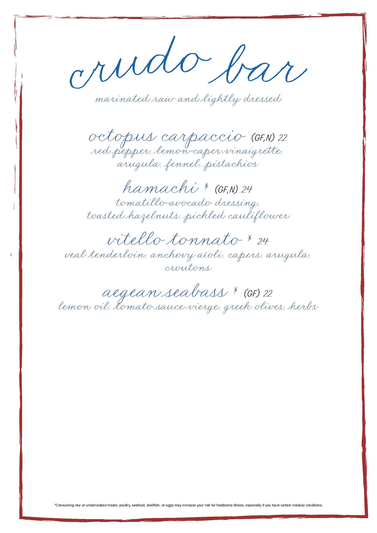 Terrasse Four Seasons Yacht menu and prices for crudo bar