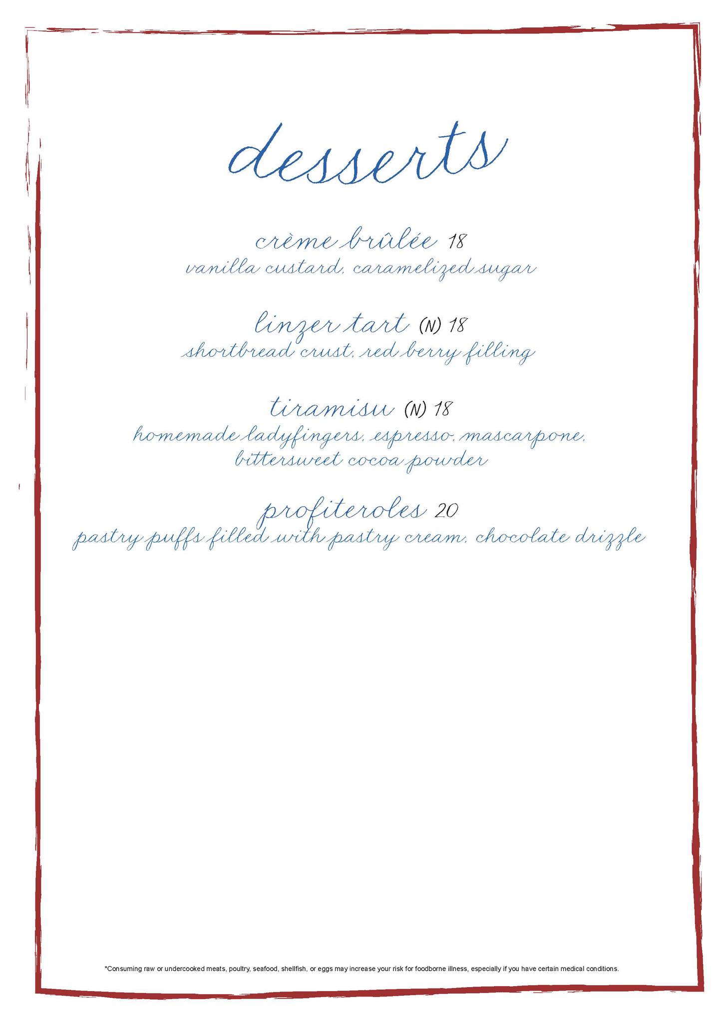 Dessert menu at Terrasse on Four Seasons Yacht