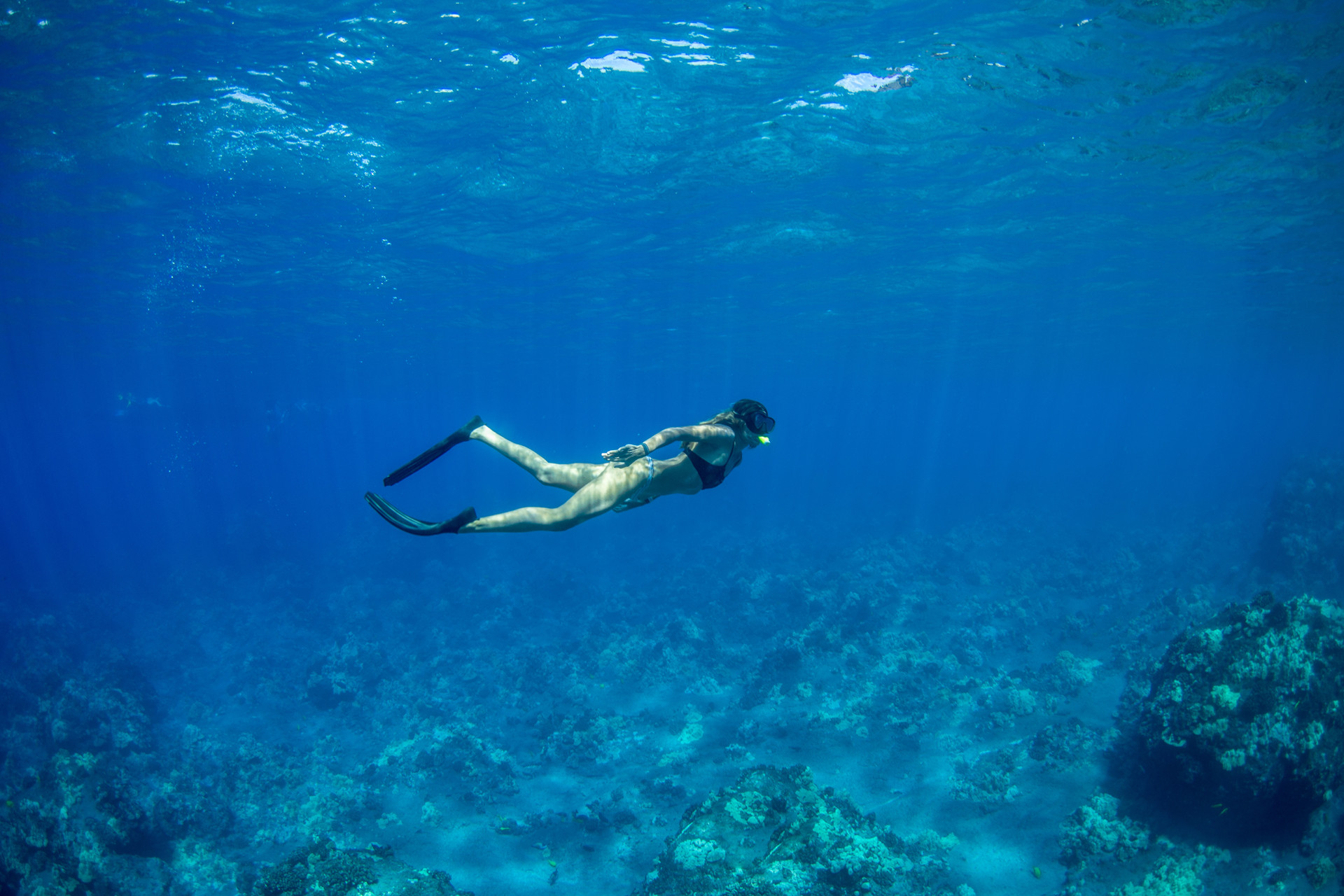 Four Seasons Lanai Hawaii — snorkeling above coral reef in crystal clear waters, luxury ocean experience