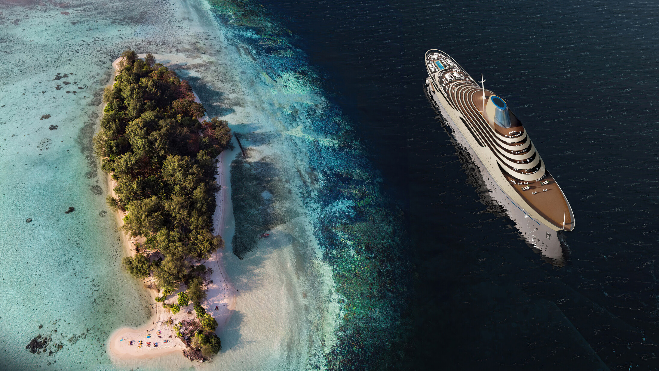 Four Seasons Yacht aerial view — luxury cruise ship Mediterranean Caribbean