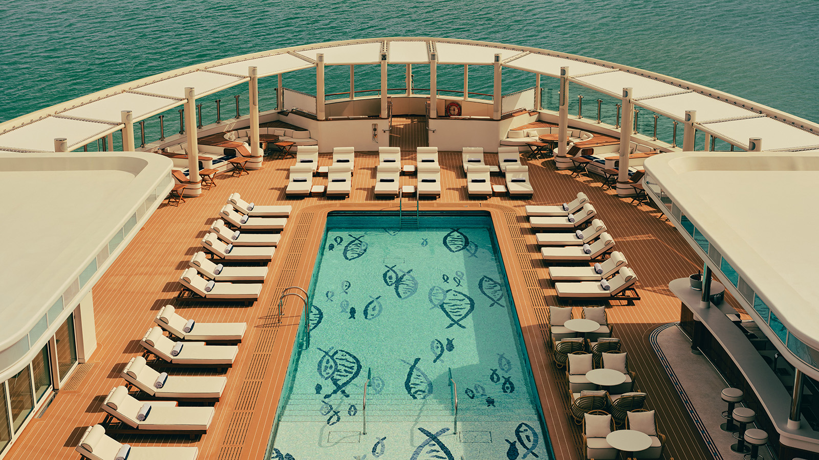 Four Seasons Yacht — aerial view of luxury cruise ship Four Seasons I beside a private island