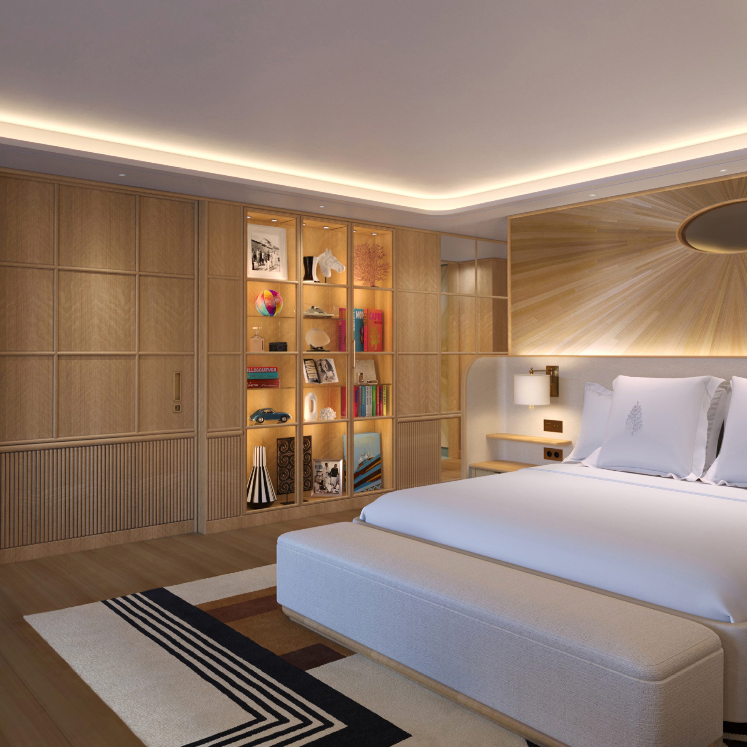 Luxury suite bedroom inside Four Seasons Yacht available for booking