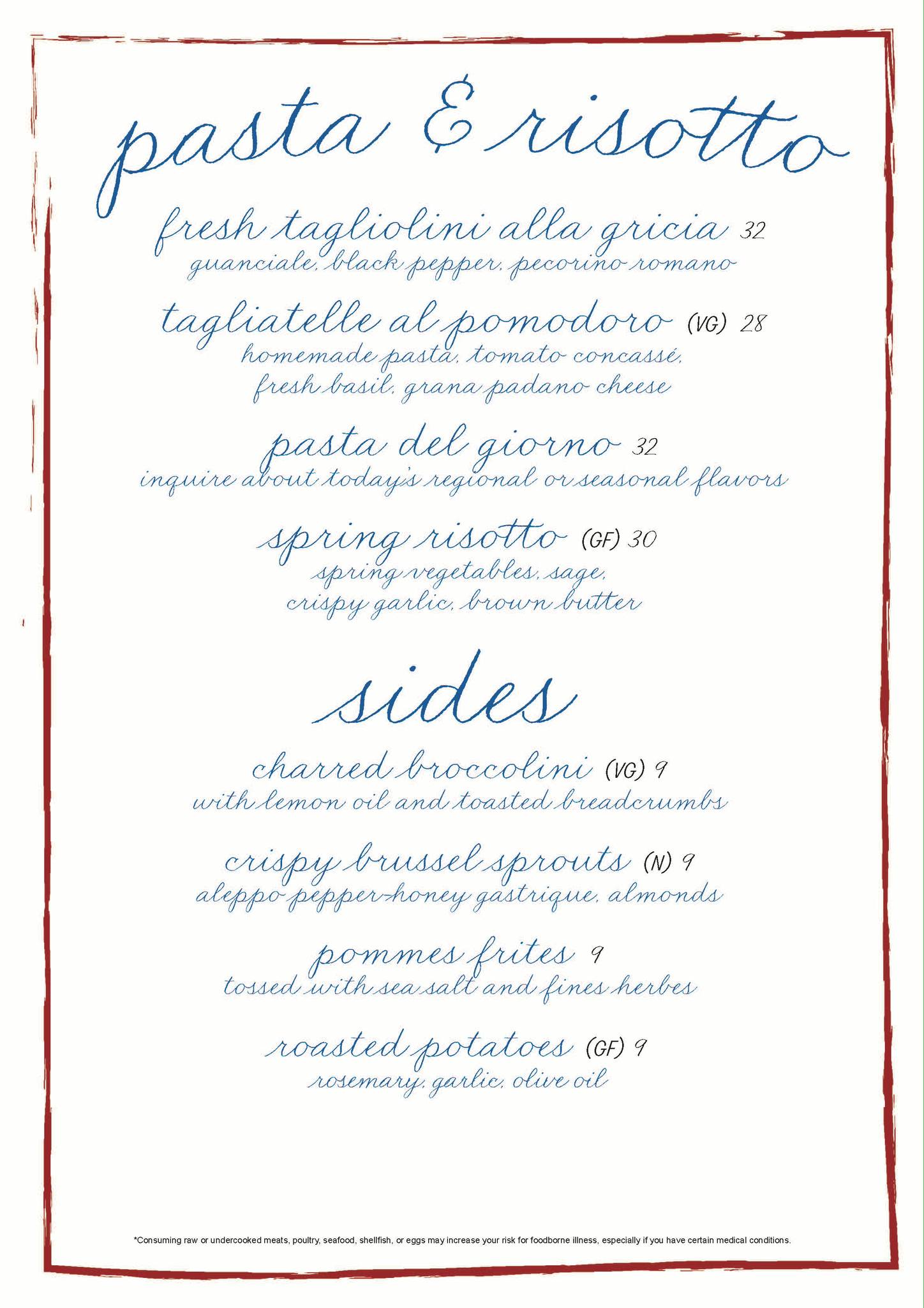 Pasta and risotto menu at Terrasse on Four Seasons Yacht