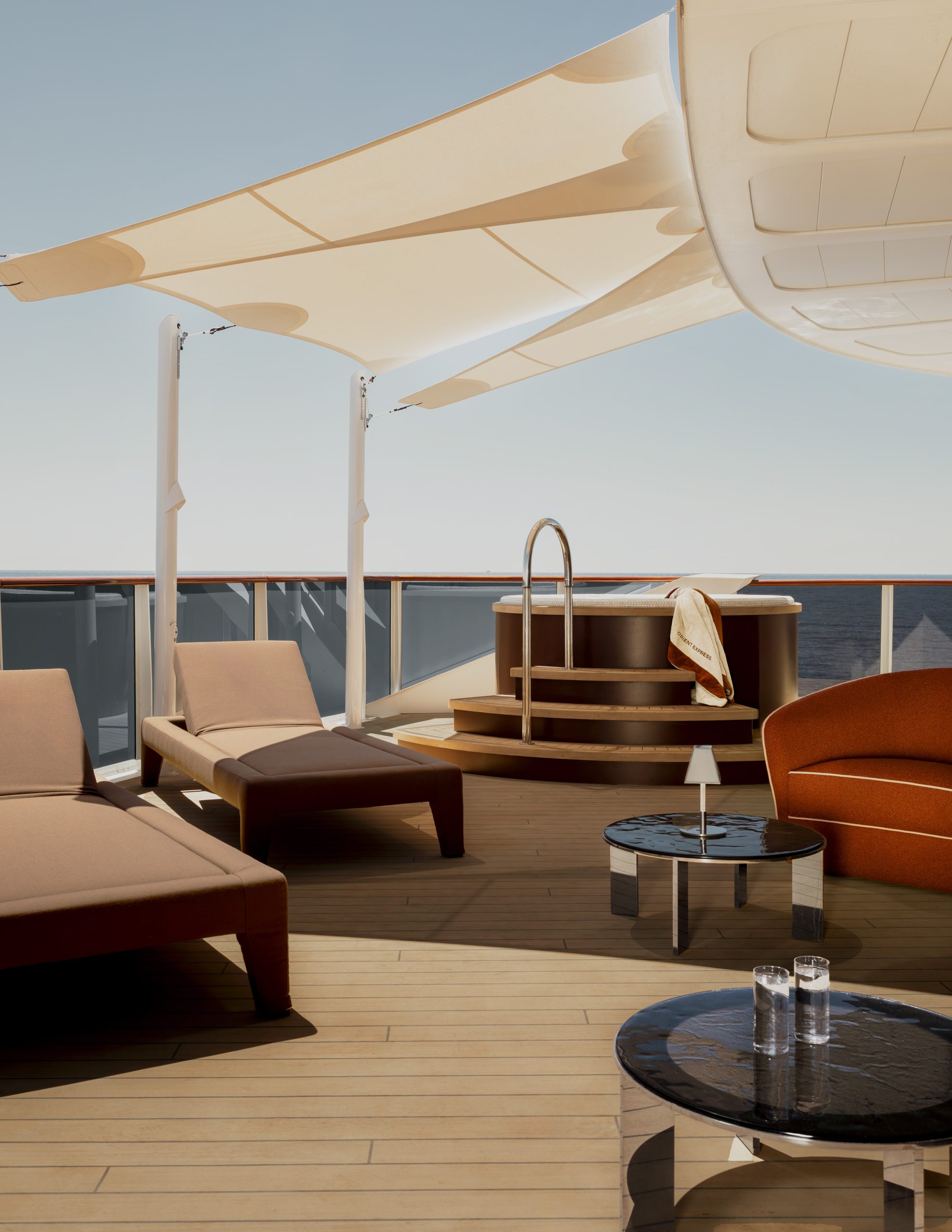 Orient Express Corinthian Agatha Christie Penthouse suite terrace with jacuzzi and ocean view — Sirena Collective