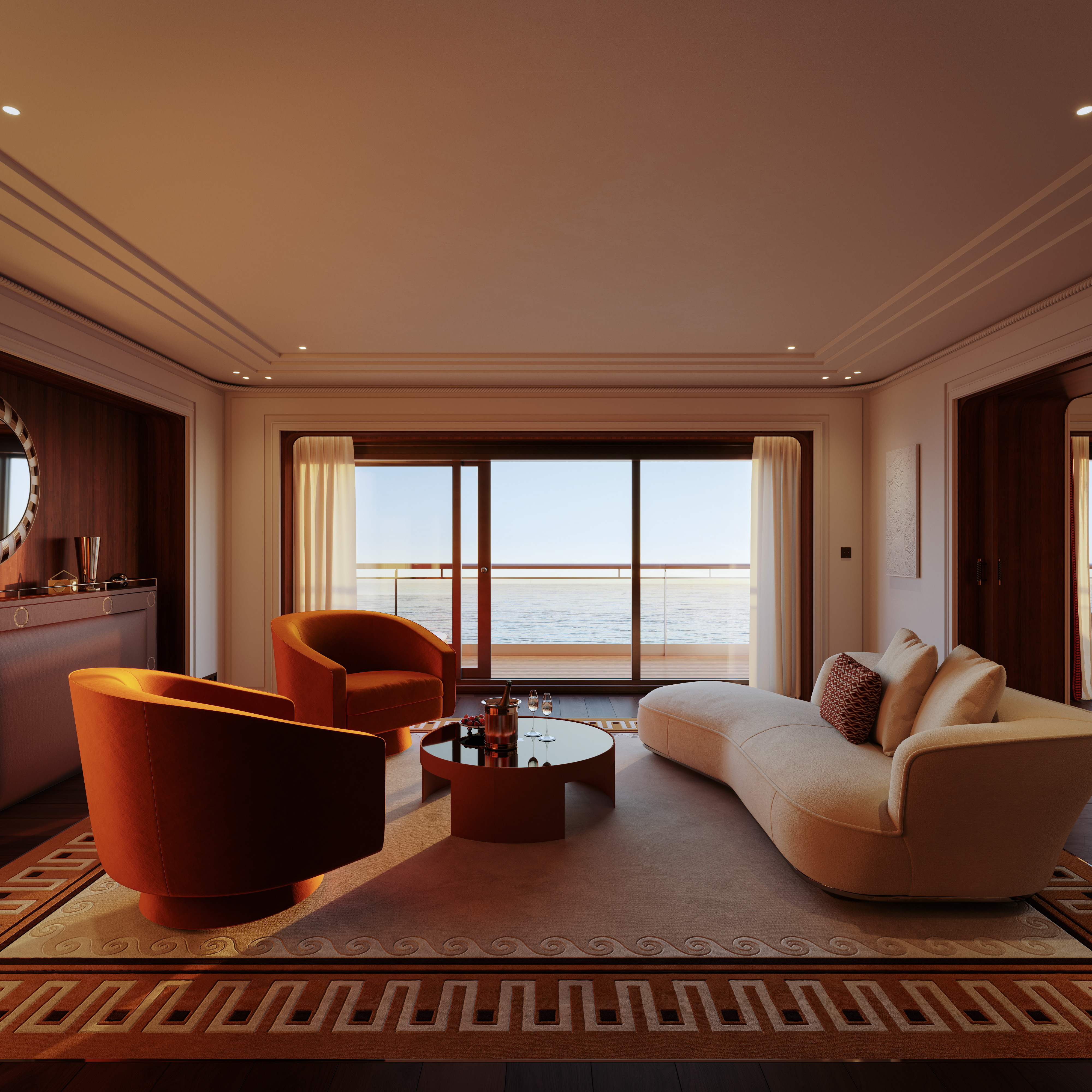 Orient Express Corinthian Appartement Prestige suite living room with panoramic sea view — Sirena Collective luxury travel