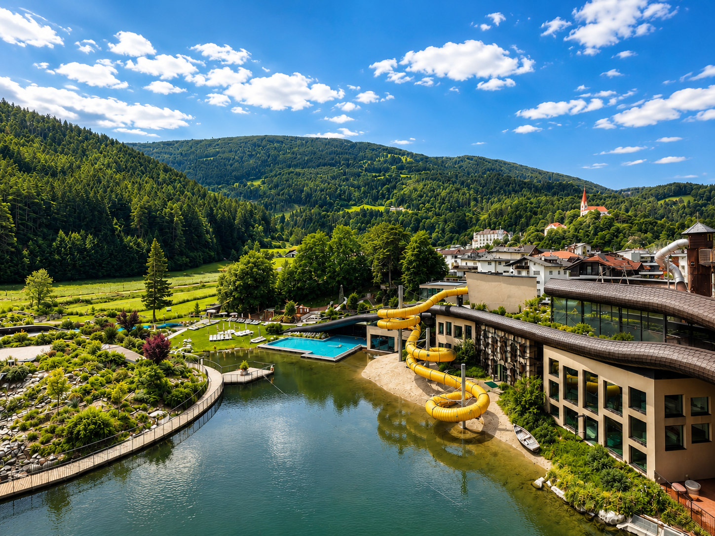 Aerial view of Falkensteiner Family Resort Lido's lake, pool, and water slide in South Tyrol