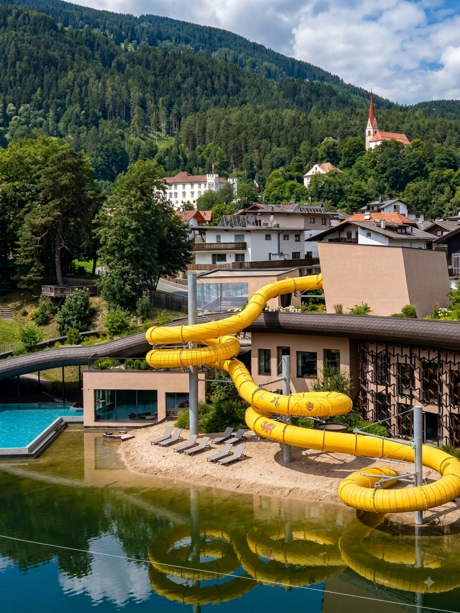 Falkensteiner Family Resort Lido's yellow water slide and outdoor pool, South Tyrol