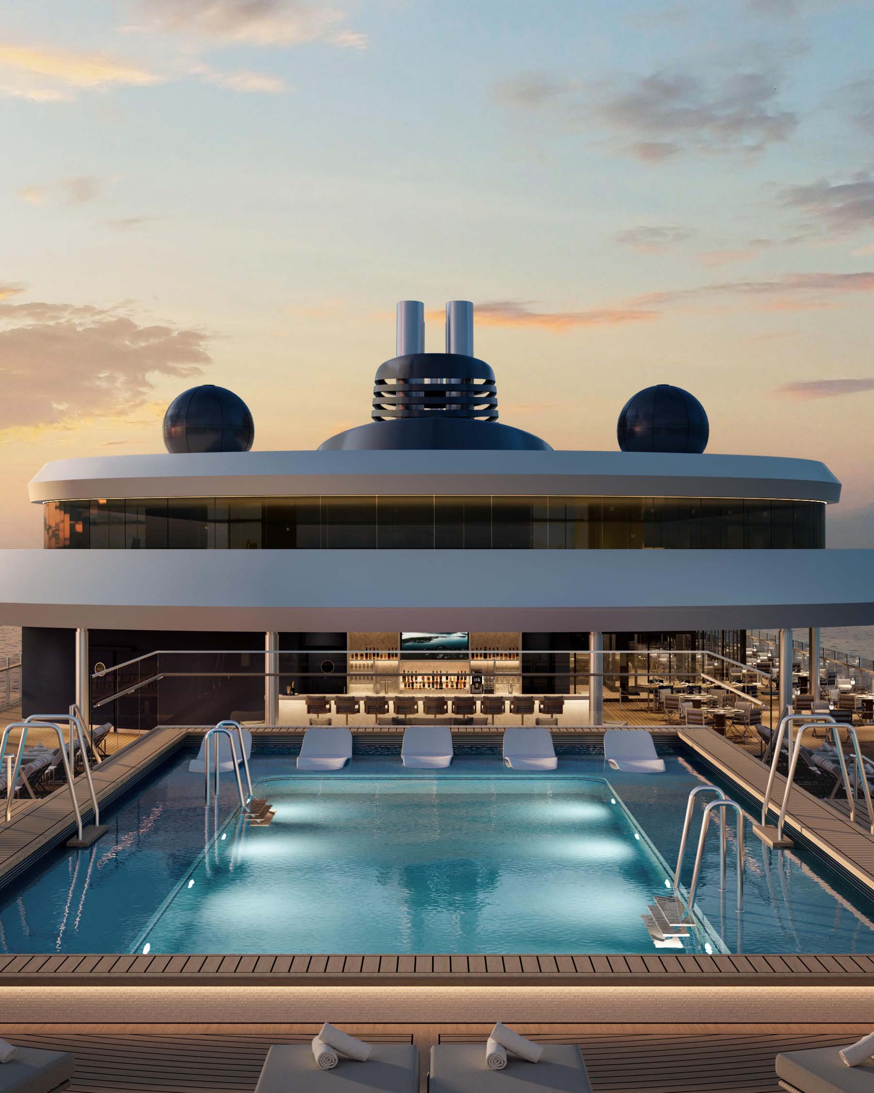 Aerial view of Ritz-Carlton Yacht Collection Ilma's pool deck departing San Juan