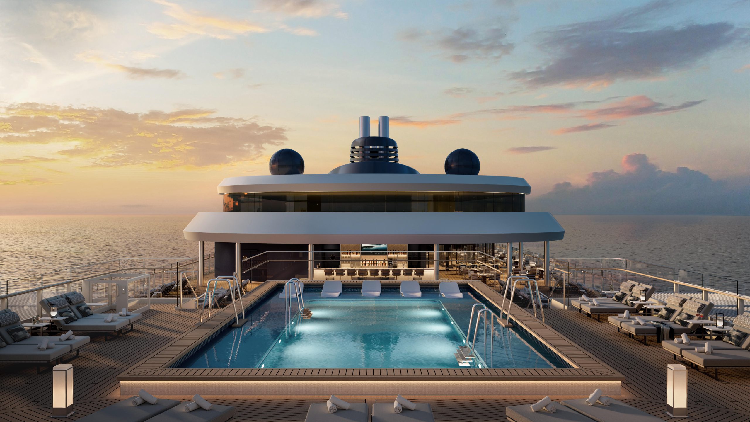 Ritz-Carlton Yacht Collection Ilma pool deck at sunset, San Juan sailing
