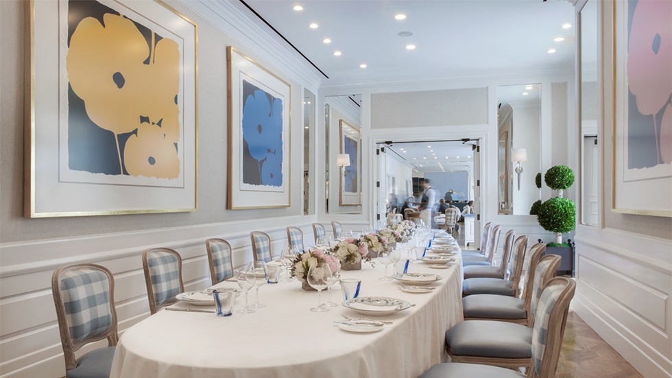 Private Dining Room at The Peninsula Beverly Hills set for a corporate group luncheon seating 22 guests