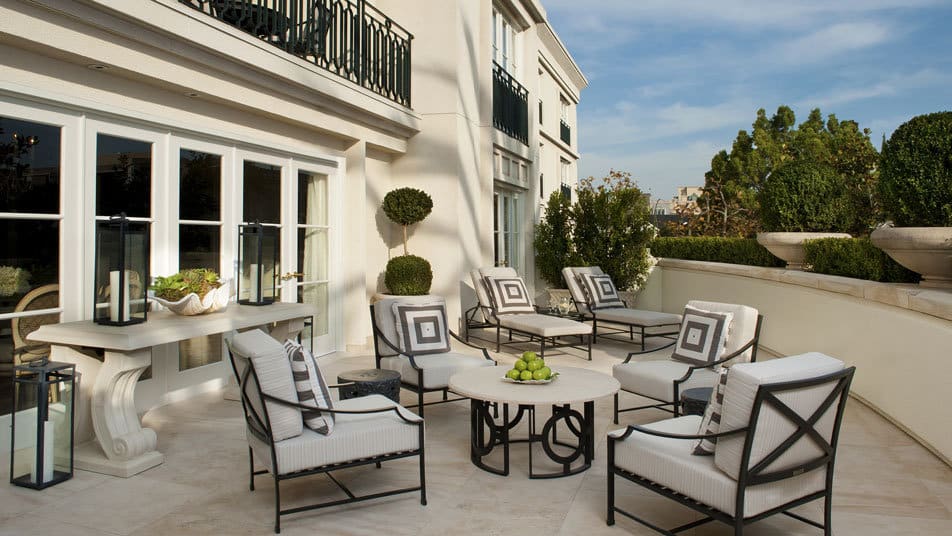 Private 450 square foot terrace at the Royal Patio Suite at The Peninsula Beverly Hills overlooking Century City skyline